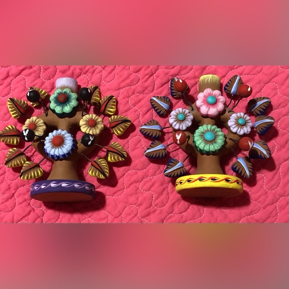 Vintage 5” Mexican Tree of Life Folk Art Pottery Candle Holders (2) - Picture 3 of 4
